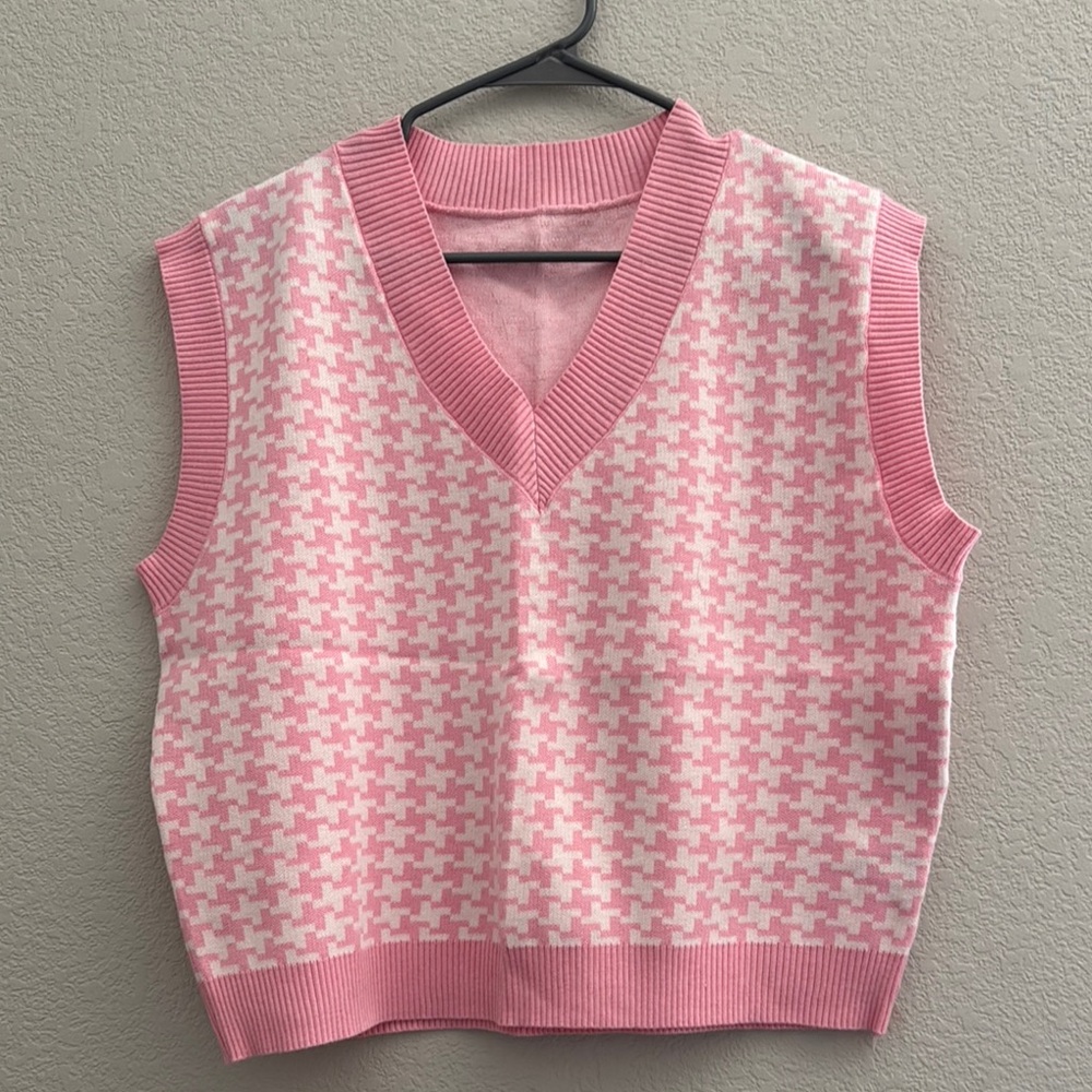 Pink Houndstooth Sweater Vest